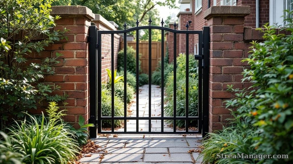 Black Metal Walk Gate Side Yard - professional fence installation