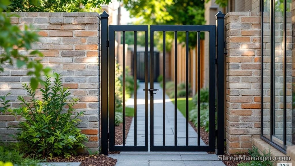 Black Metal Walk Gate Side Yard - professional fence installation