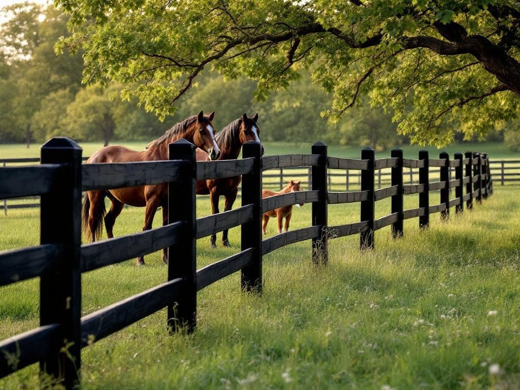 Black 4-rail board fence, 4.5ft height, treated wood construction