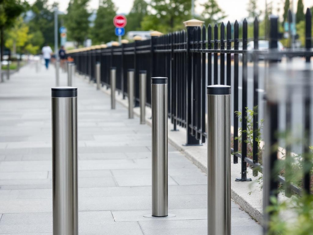 Steel security bollards spaced along commercial property perimeter