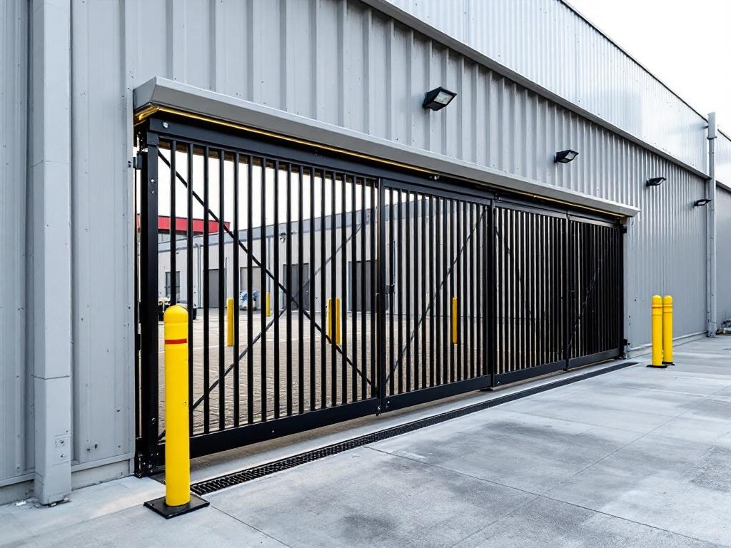 Commercial steel cantilever gate spanning 30 feet with automated controls
