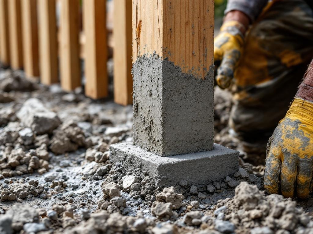 Worker pouring concrete around fence post during installation process