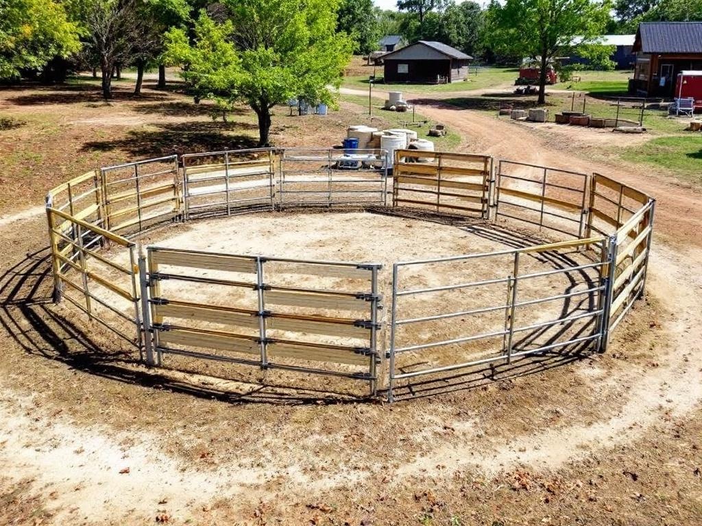 Portable steel corral panels arranged in round pen configuration