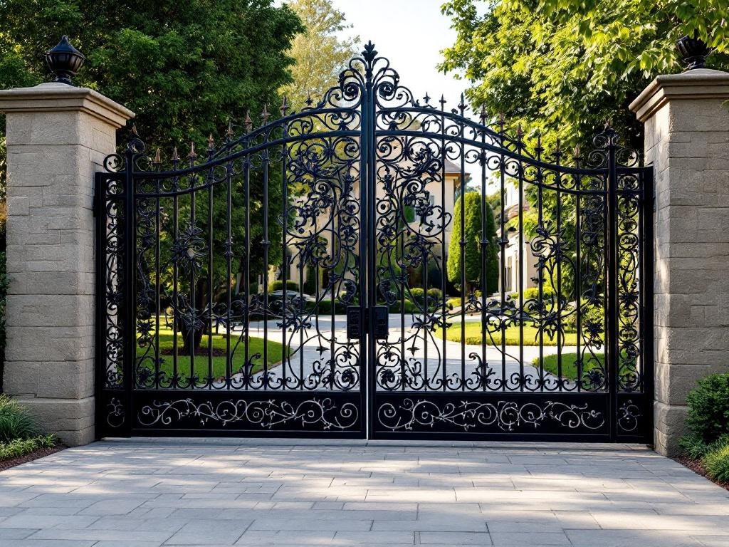 Elegant double swing wrought iron gate with ornate decorative scrollwork