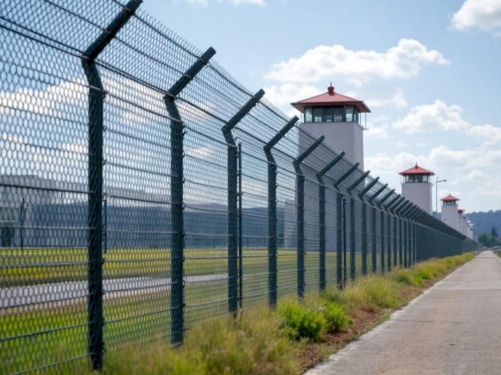 High-security detention fence with anti-climb mesh and razor wire for prison facilities