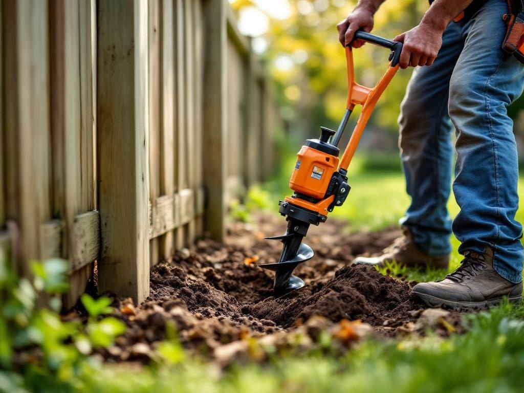 Worker using power auger to dig fence post holes in residential yard
