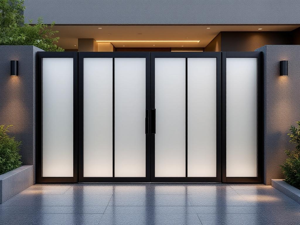 Modern glass panel swing gate with steel frame and hidden automation