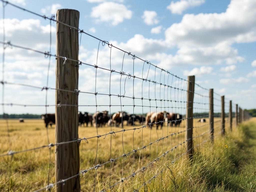 High tensile smooth wire livestock fence with 5-7 strands at 4-5 feet height