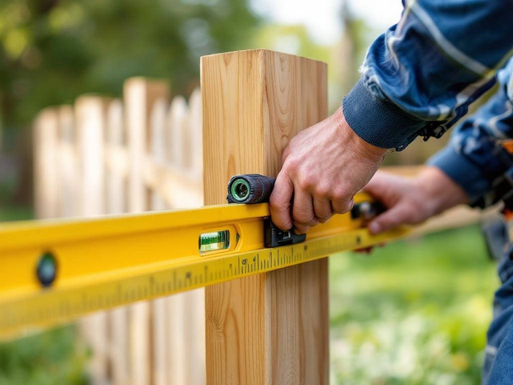 Spirit level checking fence post vertical alignment during installation