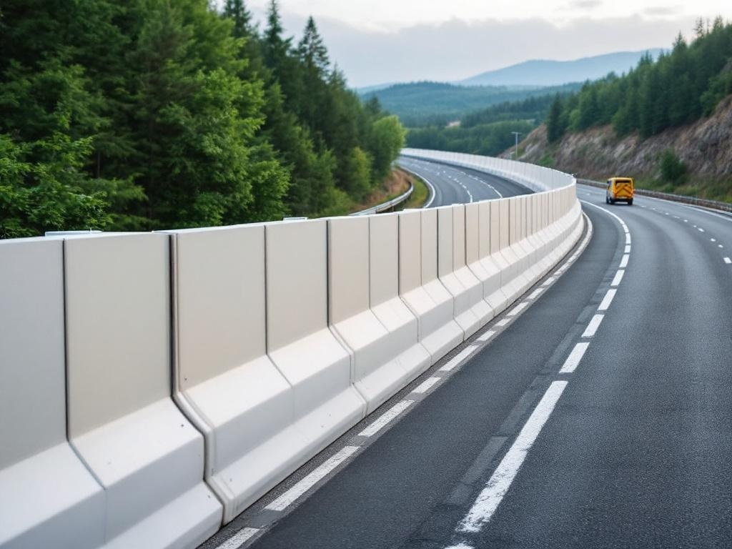 Highway noise barrier fence installation reducing traffic sound