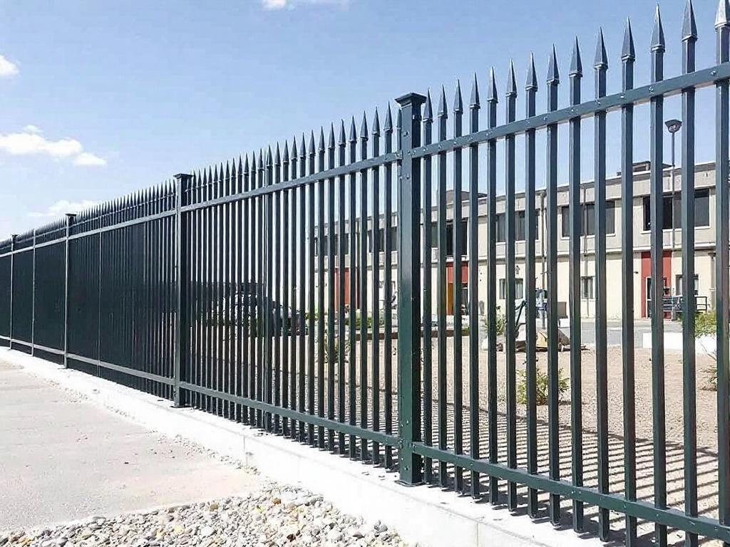Steel palisade security fence with pointed tops for industrial protection
