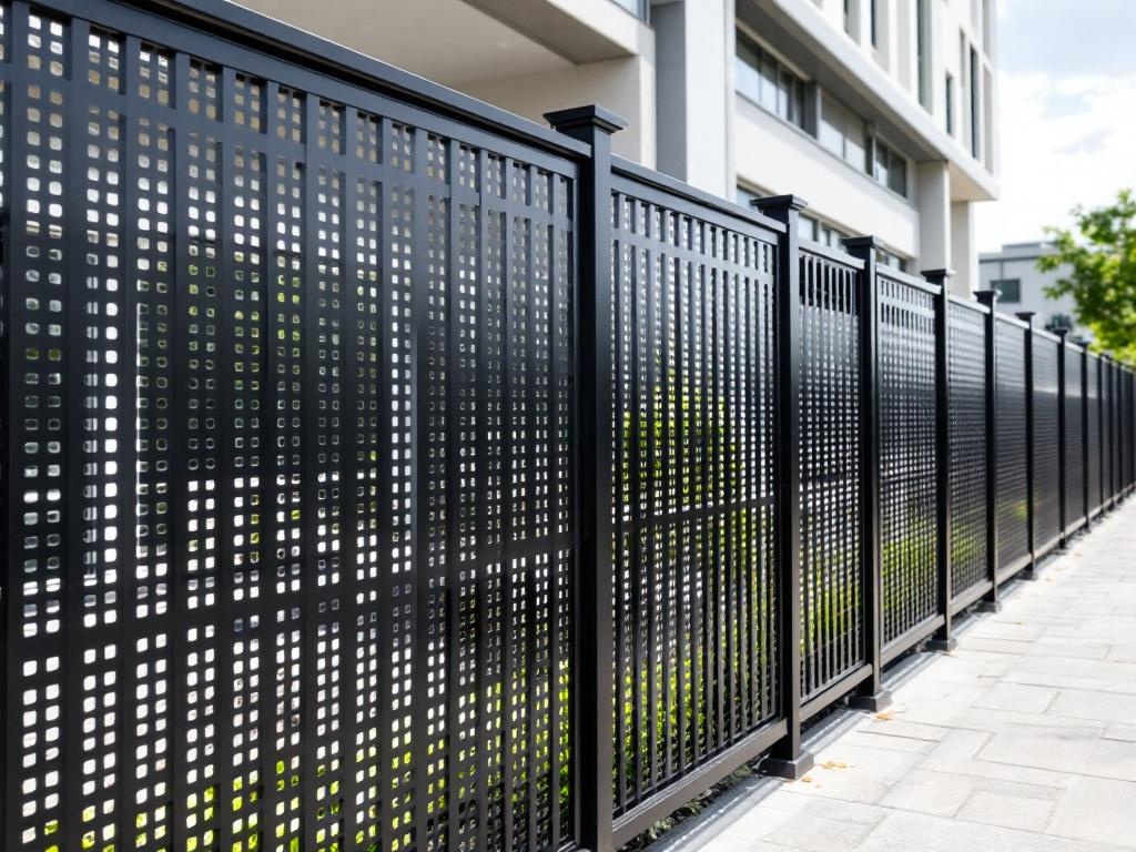 Modern perforated metal decorative fence with geometric pattern for commercial use