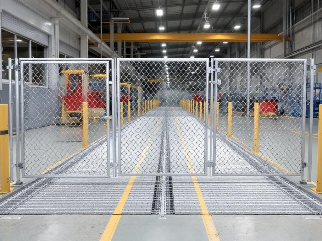 Commercial rolling chain link gate with automated operator for industrial facility