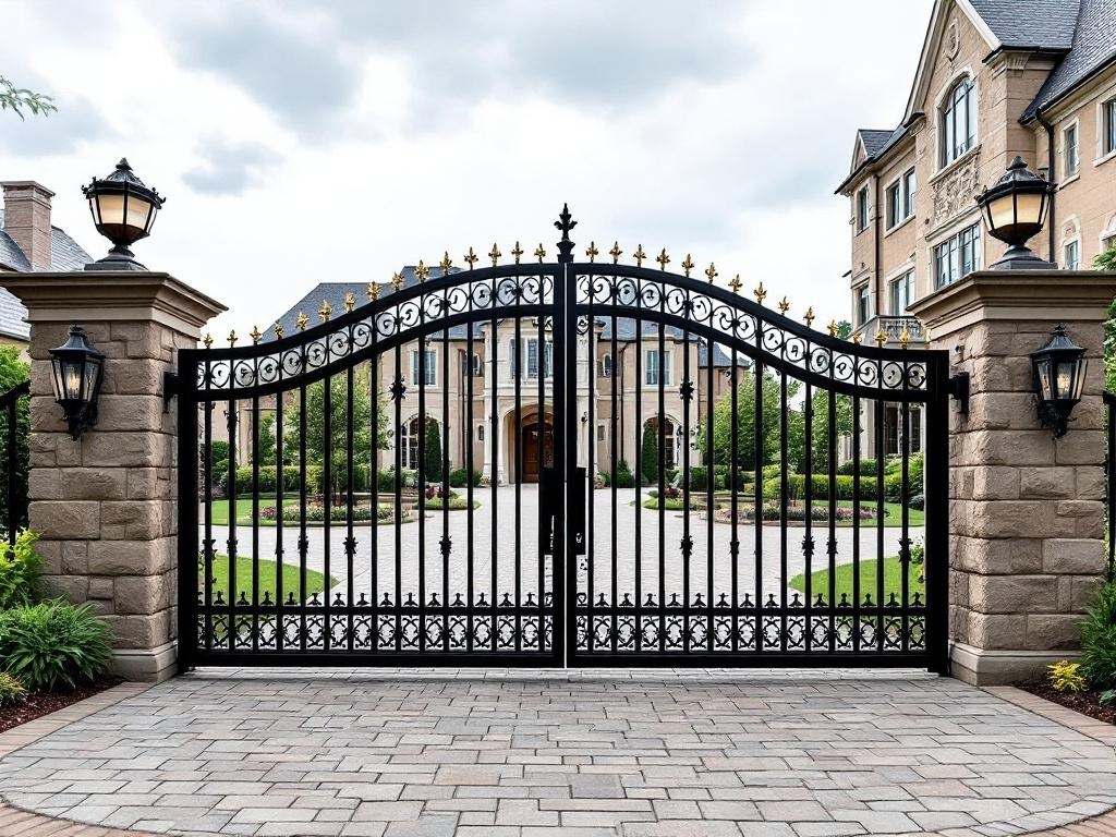 Automatic double swing wrought iron gate with dual motor system for wide driveways
