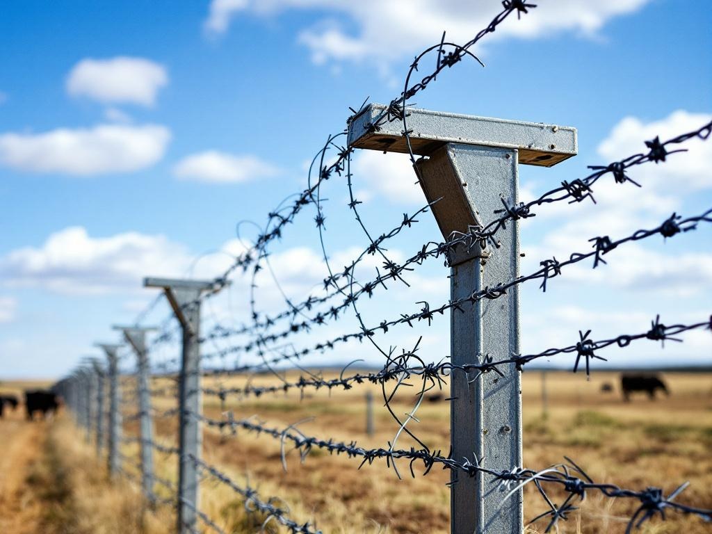 4-foot steel T-post barbed wire cattle fence with 4-strand configuration