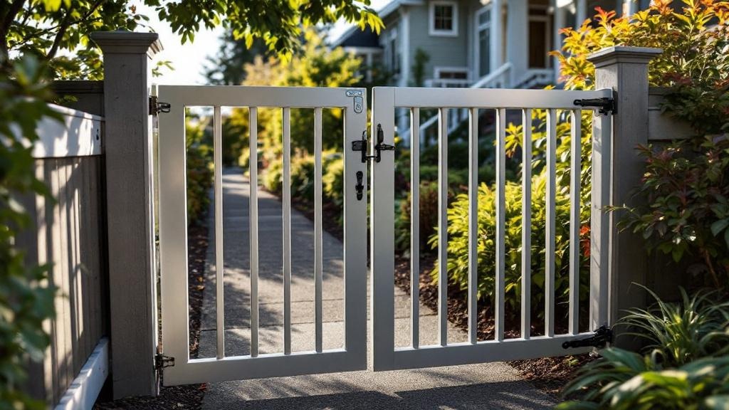 Aluminum walk gate with basic design providing convenient access at a craftsman house. Quality hardware and craftsmanship in Washington.
