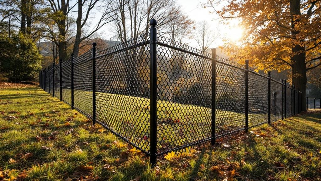 4-foot black vinyl-coated chain link fence installed for backyard enclosure at a hillside property. morning light photography showcasing professional fence contractor workmanship in North Carolina.