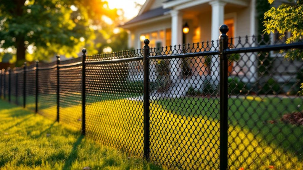 5-foot black vinyl-coated chain link fence installed for backyard enclosure at a craftsman house. perfect conditions photography showcasing professional fence contractor workmanship in North Carolina.