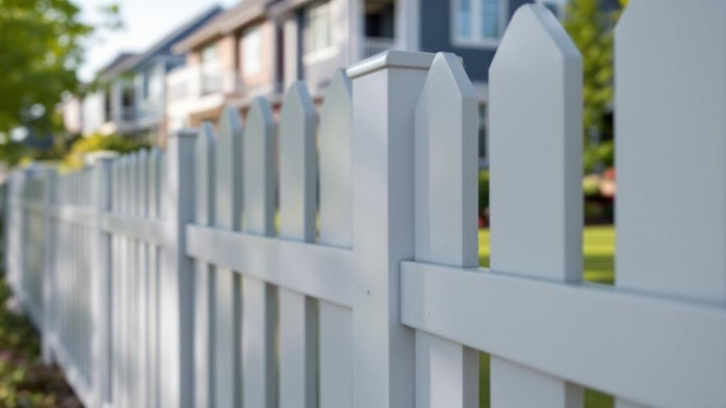 Maintenance-free gray vinyl picket fence enhancing a residential neighborhood. Perfect for pool safety, photographed in bright day in Oregon.