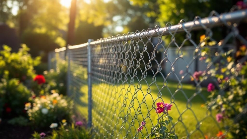 5-foot galvanized chain link fence installed for dog run at a manicured garden. perfect conditions photography showcasing professional fence contractor workmanship in Michigan.