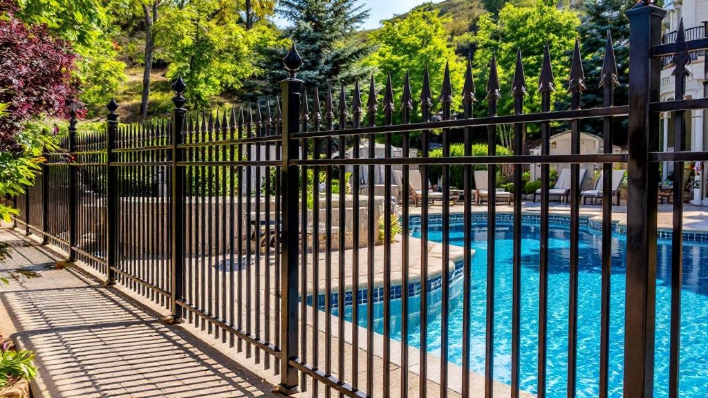 Elegant bronze aluminum spear-top fence perfect for pool enclosure at a hillside property. ideal lighting photo from Michigan showcasing quality metalwork.
