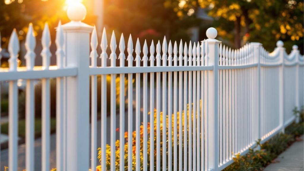 Elegant white aluminum spear-top fence perfect for property line at a family property. perfect conditions photo from California showcasing quality metalwork.