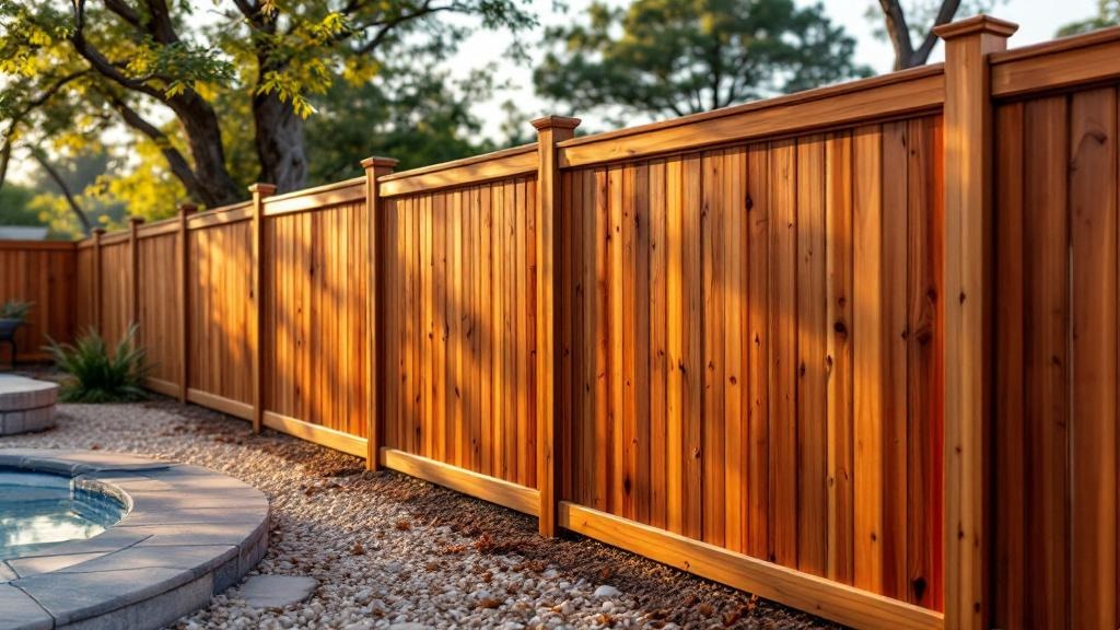 8-foot redwood shadow box privacy fence providing pool safety for a family property. Expert craftsmanship visible in morning light at this Texas property.