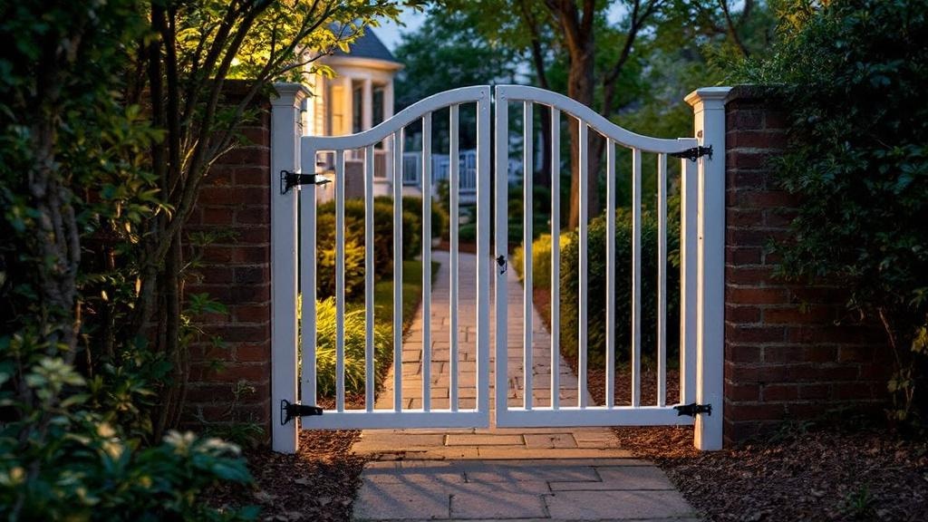 Aluminum walk gate with basic design providing convenient access at a colonial home. Quality hardware and craftsmanship in North Carolina.