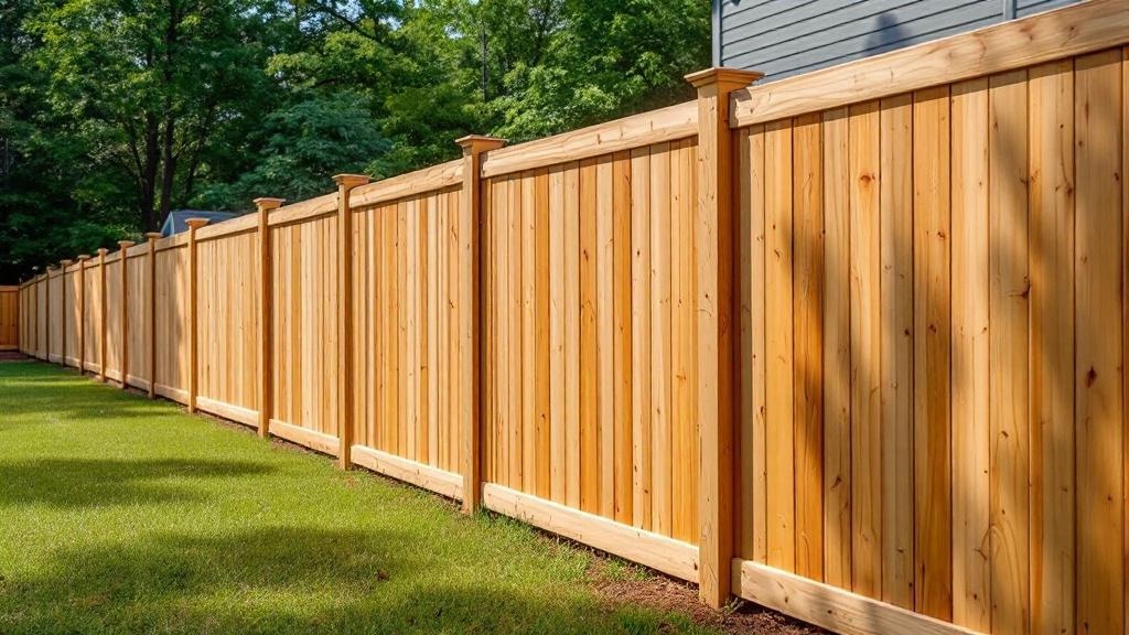8-foot pressure-treated pine shadow box privacy fence providing child safety for a family property. Expert craftsmanship visible in ideal lighting at this Georgia property.