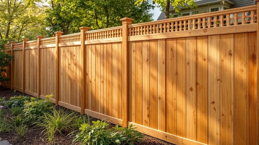 6-foot pressure-treated pine shadow box privacy fence providing garden protection for a colonial home. Expert craftsmanship visible in afternoon sun at this Washington property.
