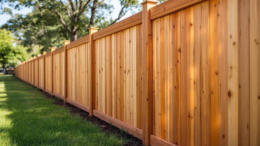8-foot cedar shadow box privacy fence providing home security for a lakefront home. Expert craftsmanship visible in afternoon sun at this Texas property.