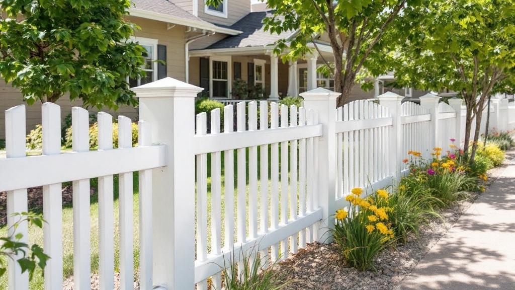 Maintenance-free white vinyl ranch rail fence enhancing a craftsman house. Perfect for garden protection, photographed in sunny weather in Colorado.