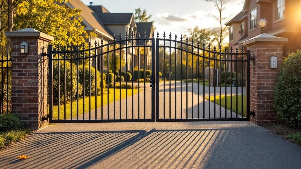 Modern automatic slide gate system with intercom, providing convenience and security at a suburban home. Professional automation installation in Tennessee.