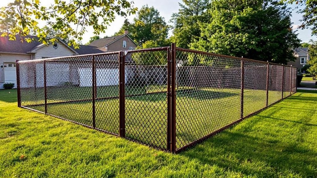 6-foot brown vinyl-coated chain link fence installed for dog run at a corner lot. afternoon sun photography showcasing professional fence contractor workmanship in Ohio.