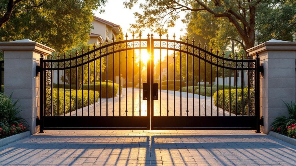 Impressive iron sliding driveway gate manual at a residential neighborhood. Afternoon sun photography showcasing expert gate installation in California.