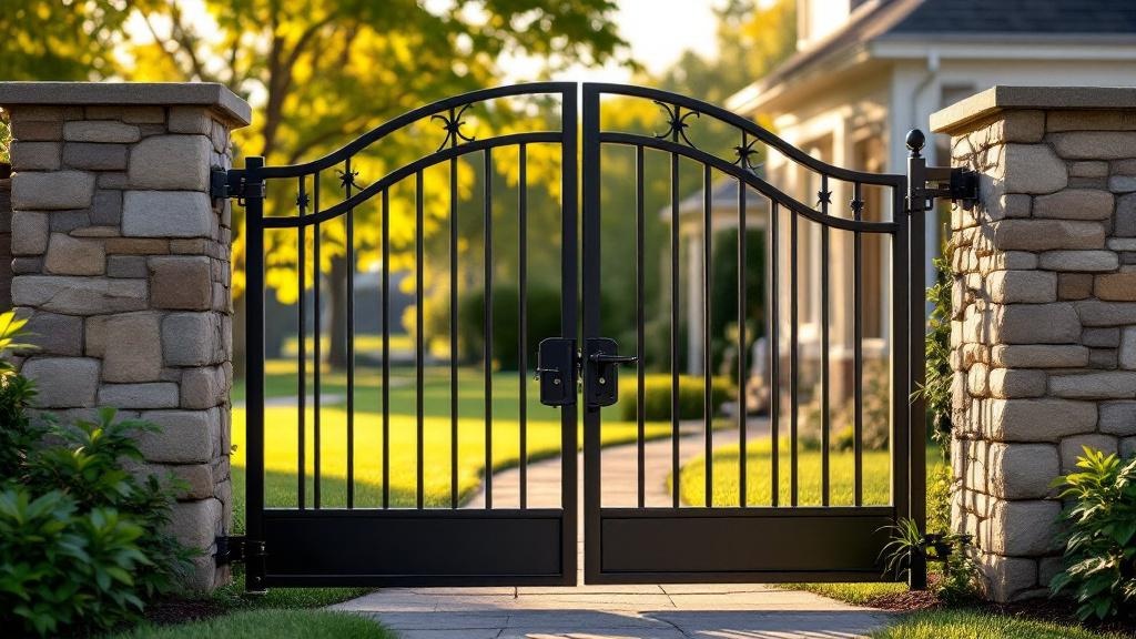 Iron walk gate with arched top design providing convenient access at a beautiful lawn. Quality hardware and craftsmanship in Ohio.