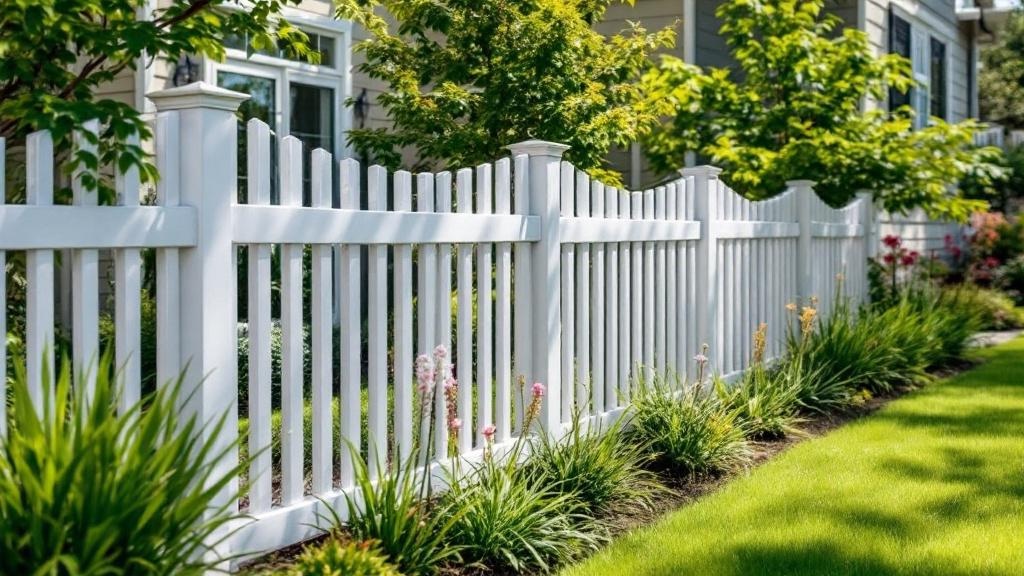 Maintenance-free gray vinyl ranch rail fence enhancing a manicured garden. Perfect for home security, photographed in sunny weather in Washington.