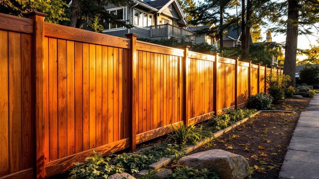 8-foot redwood vertical board privacy fence providing property boundary for a lakefront home. Expert craftsmanship visible in golden hour at this Oregon property.