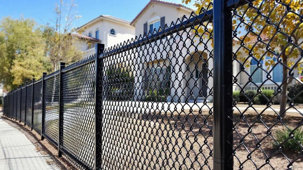 5-foot black vinyl-coated chain link fence installed for property perimeter at a colonial home. sunny weather photography showcasing professional fence contractor workmanship in Nevada.