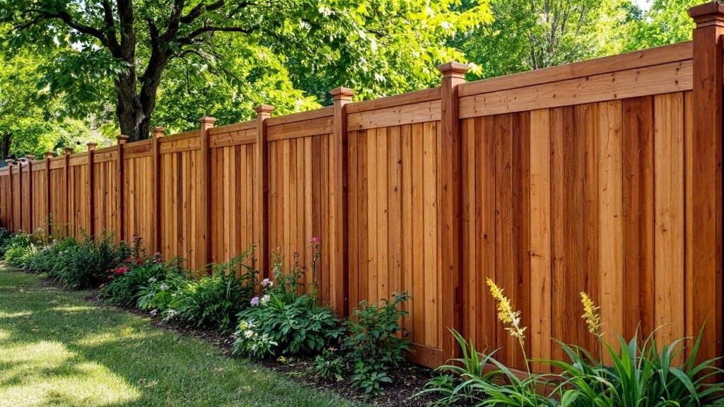 6-foot redwood shadow box privacy fence providing garden protection for a quiet street. Expert craftsmanship visible in perfect conditions at this Tennessee property.