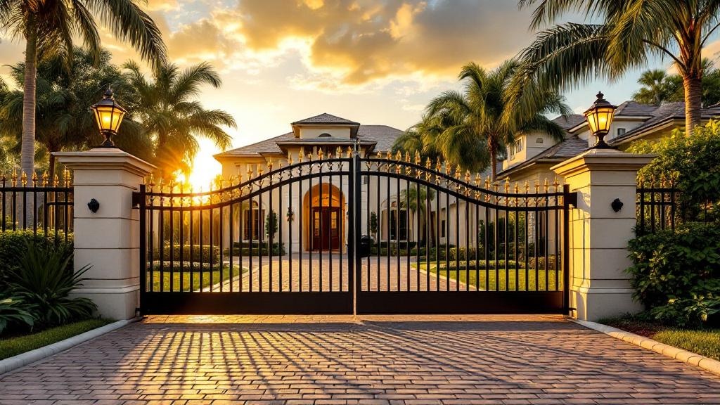 steel sliding driveway gate - classic picket with finials entrance gate installation in Miami Florida residential property