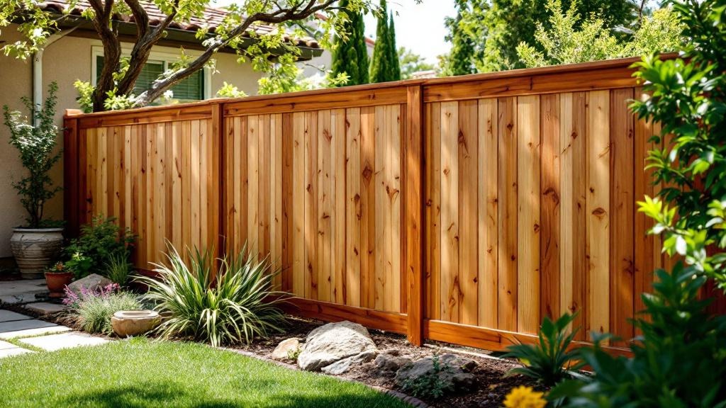 Redwood dog-ear privacy fence - 8-foot natural cedar stained wood fence installation in San Diego California backyard