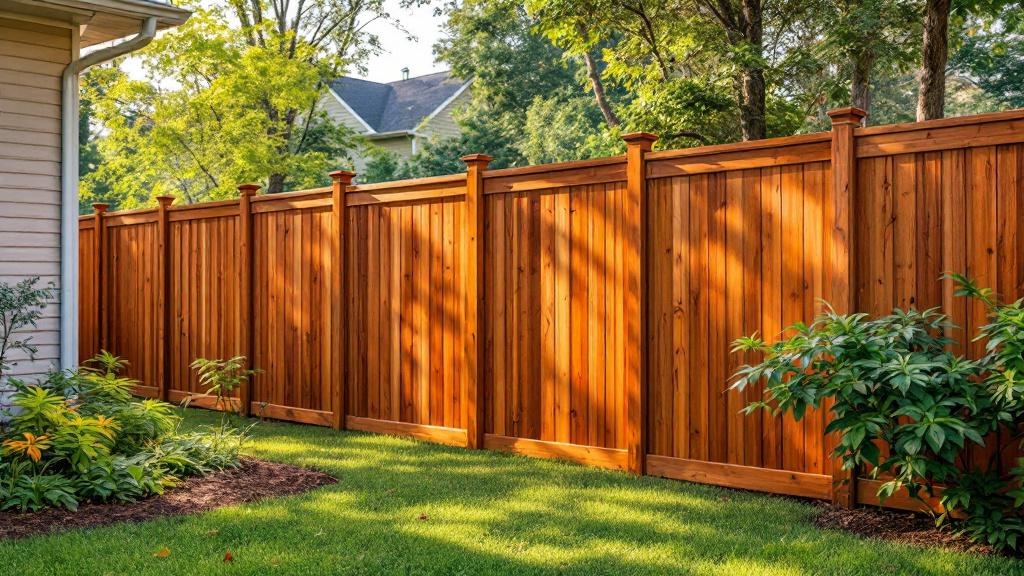 Pressure-Treated Pine board-on-board privacy fence - 8-foot redwood stained wood fence installation in Raleigh North Carolina backyard
