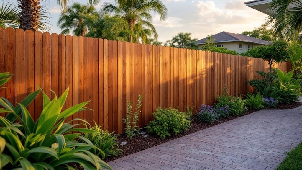 Western Red Cedar flat-top privacy fence - 8-foot honey oak stained wood fence installation in Miami Florida backyard