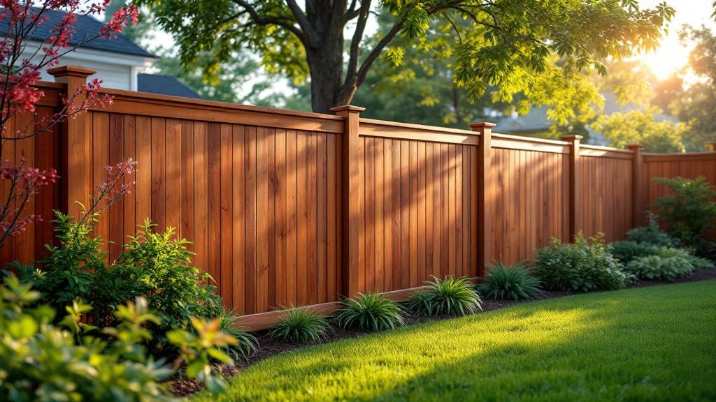 Western Red Cedar flat-top privacy fence - 6-foot redwood stained wood fence installation in Raleigh North Carolina backyard
