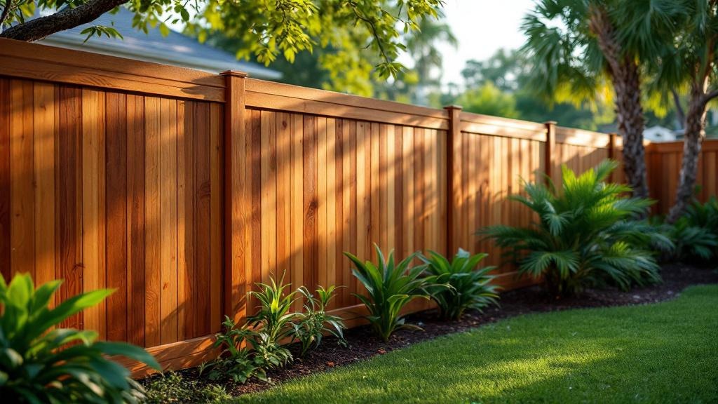 Redwood board-on-board privacy fence - 8-foot honey oak stained wood fence installation in Miami Florida backyard