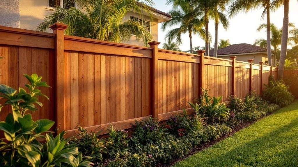 Western Red Cedar dog-ear privacy fence - 8-foot natural cedar stained wood fence installation in Miami Florida backyard