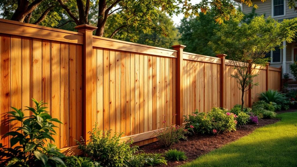 Pressure-Treated Pine board-on-board privacy fence - 6-foot honey oak stained wood fence installation in Nashville Tennessee backyard