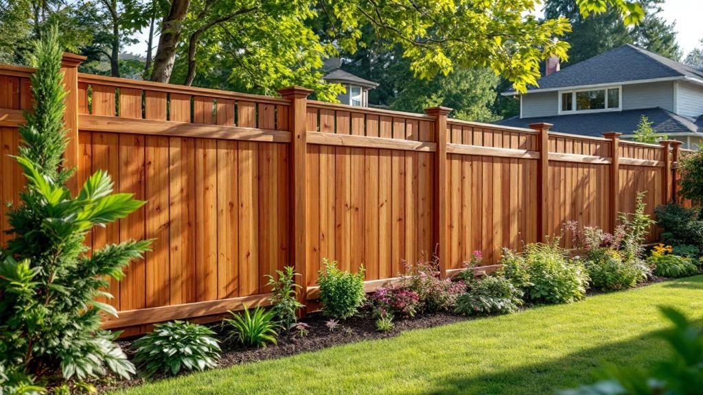 Pressure-Treated Pine shadowbox privacy fence - 6-foot redwood stained wood fence installation in Seattle Washington backyard