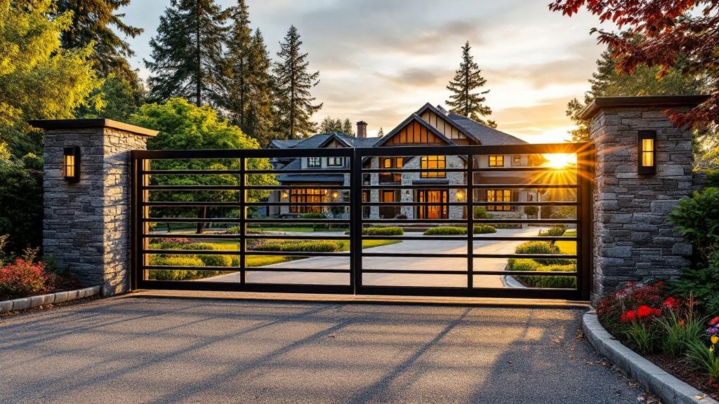 aluminum cantilever driveway gate - modern horizontal bars entrance gate installation in Seattle Washington residential property